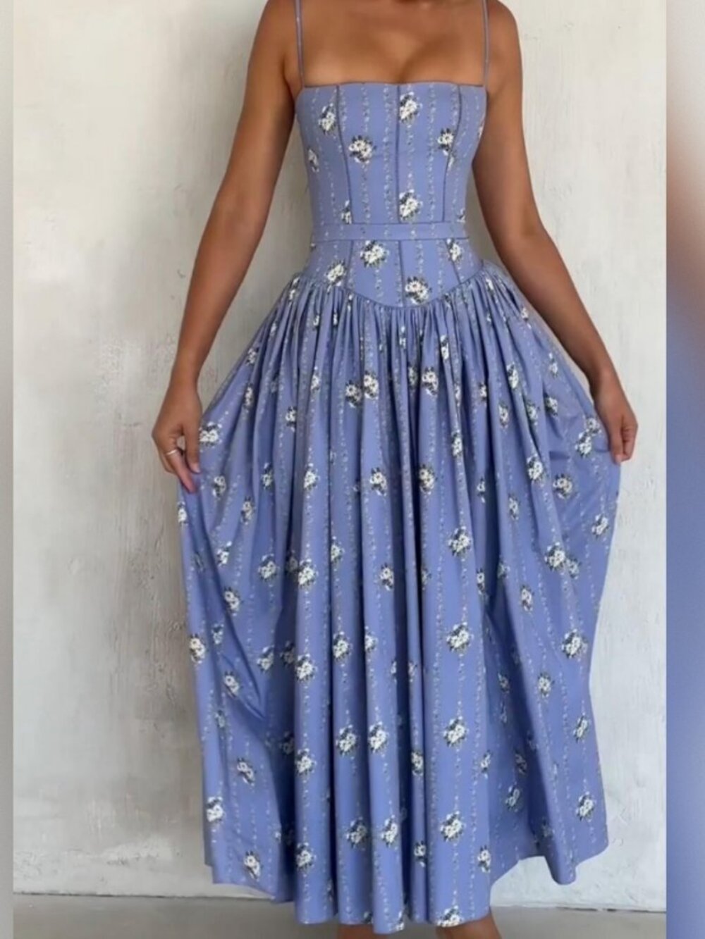 House of CB Ysabella Blue Daisy Print Stretch Cotton Midi Sundress (Regular A-C)